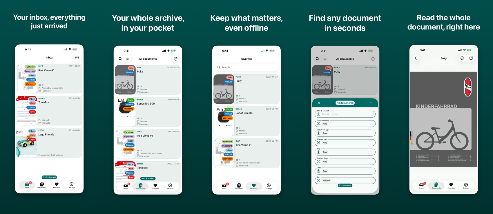 The inbox, the document list, offline favorites, the search filters, and a document open for reading